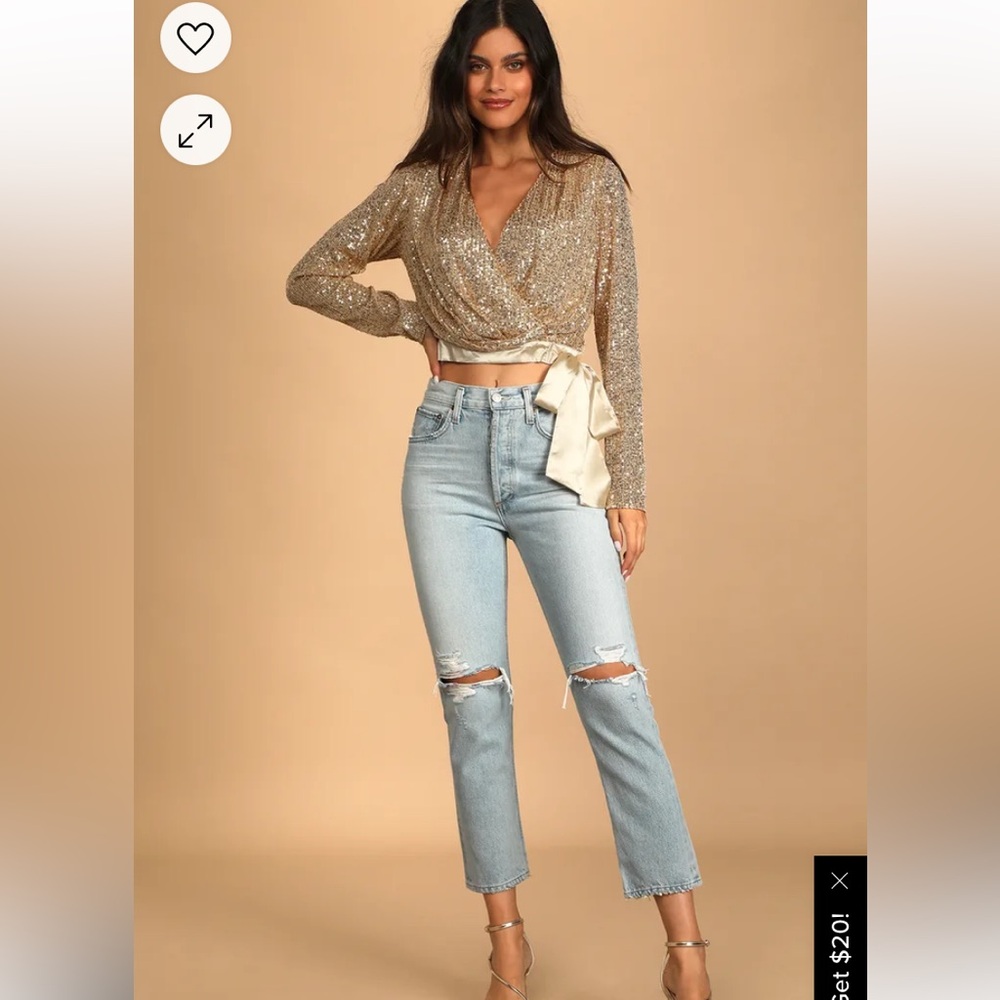 NWT Lulus She's Got It All Gold‎ Sequin Faux-Wrap Long Sleeve Crop Top - Picture 3 of 6